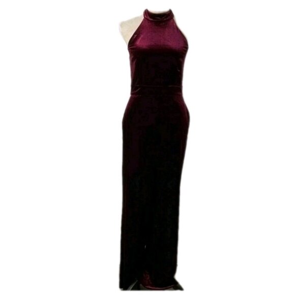 1 State Velvet Halter Jumpsuit Size 14 Burgundy Mock Neck Wide Leg Back Zipper - Picture 1 of 14